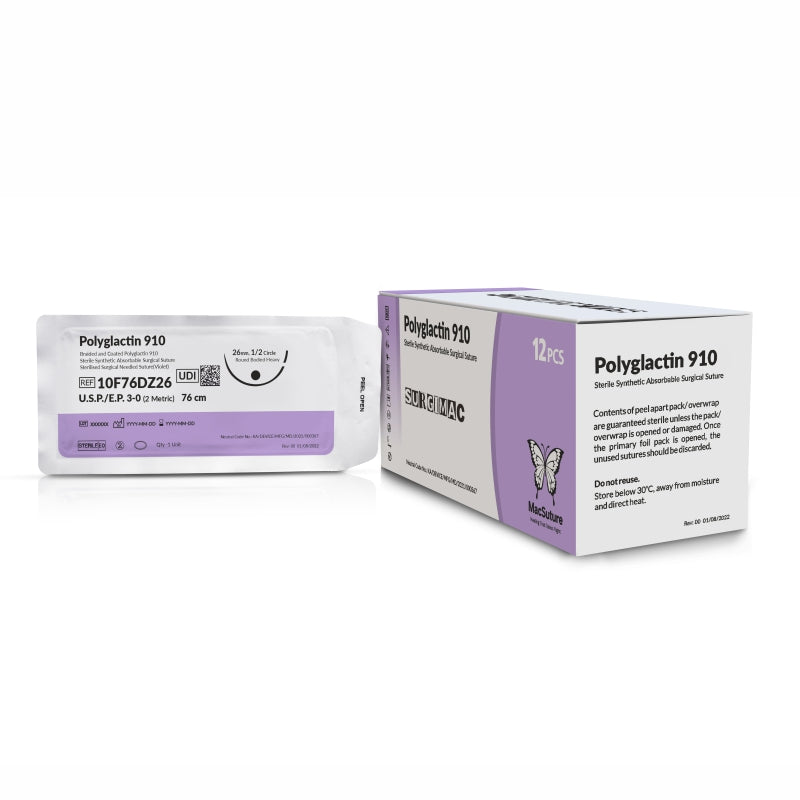 SurgiMac | MacSuture 3-0 30" Violet Absorbable Coated Suture, Braided, with 26 mm 1/2 Circle Taper Point Needle, Polyglactin 910, 12/Box | 10F76DZ26