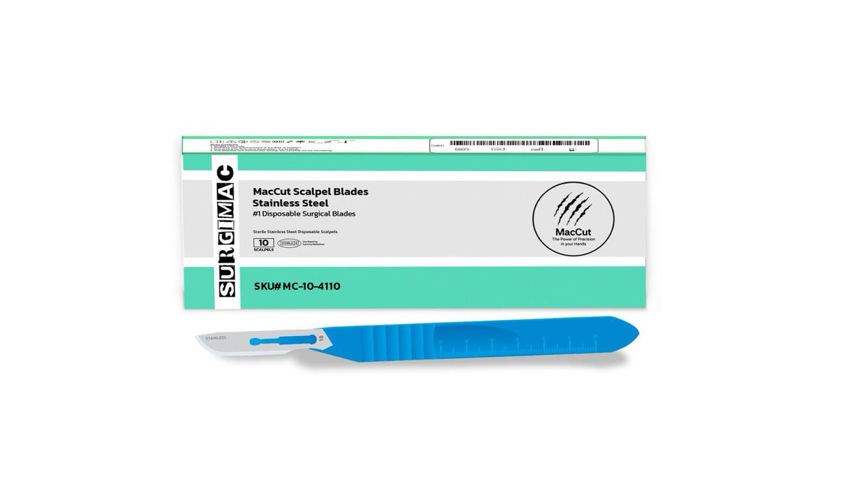 SurgiMac | #10 Sterile Stainless Steel Surgical Scalpel Blade with Plastic Handle | MacCut by SurgiMac | Box of 10 | MC-10-4110