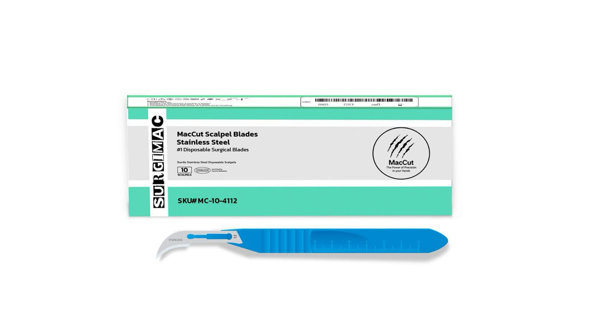 SurgiMac | #12 Sterile Stainless Steel Disposable Scalpel Blades with Plastic Handle | MacCut by SurgiMac | Box of 10 | MC-10-4112