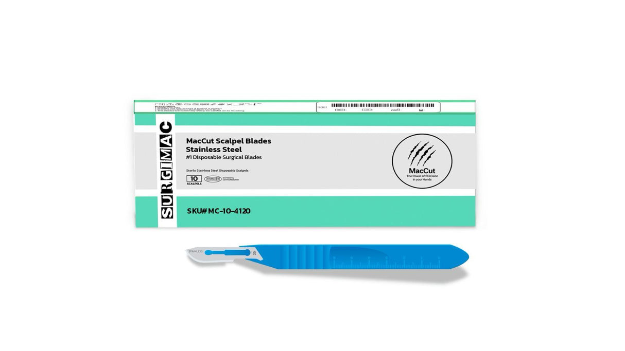 SurgiMac | #20 Sterile Stainless Steel Surgical Scalpel Blade with Plastic Handle | MacCut by SurgiMac | Box of 10 | MC-10-4120