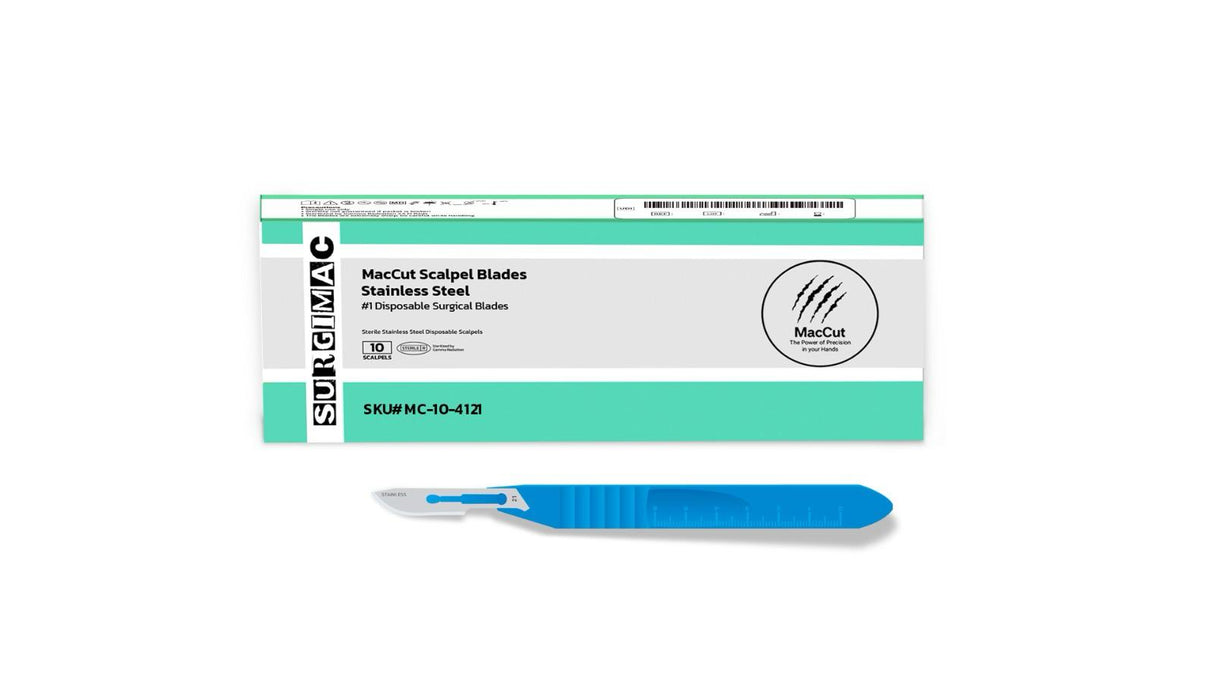 SurgiMac | #21 Sterile Stainless Steel Surgical Scalpel Blade with Plastic Handle | MacCut by SurgiMac | Box of 10 | MC-10-4121