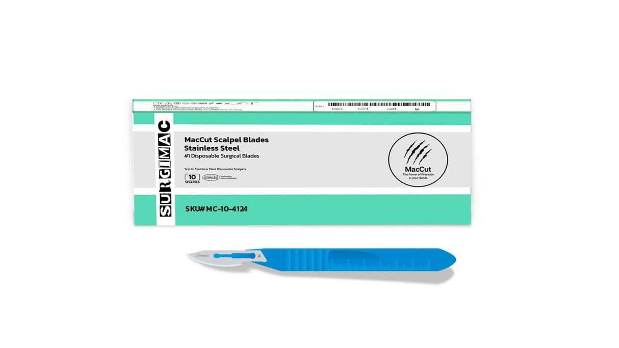 SurgiMac | #24 Sterile Stainless Steel Surgical Scalpel Blade with Plastic Handle | MacCut by SurgiMac | Box of 10 | MC-10-4124