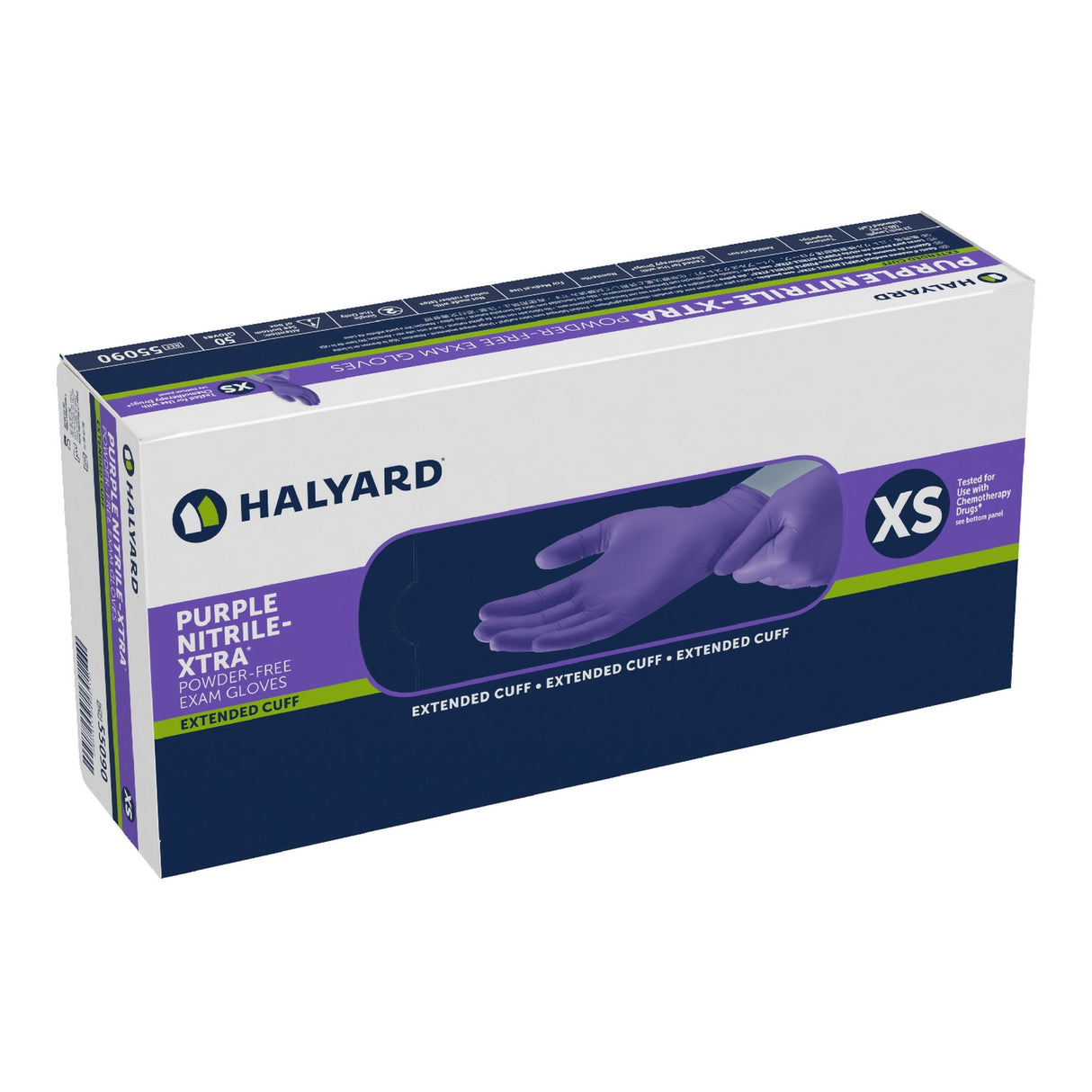 O&M Halyard Inc | Exam Glove Purple Nitrile-Xtra NonSterile Nitrile Extended Cuff Length Textured Fingertips Purple Chemo Tested | 55090-50