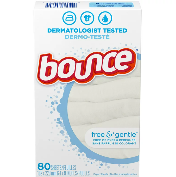 Procter & Gamble | Bounce Dryer Sheets, Free & Gentle, 80/bx, 9bx/cs | 3700034087