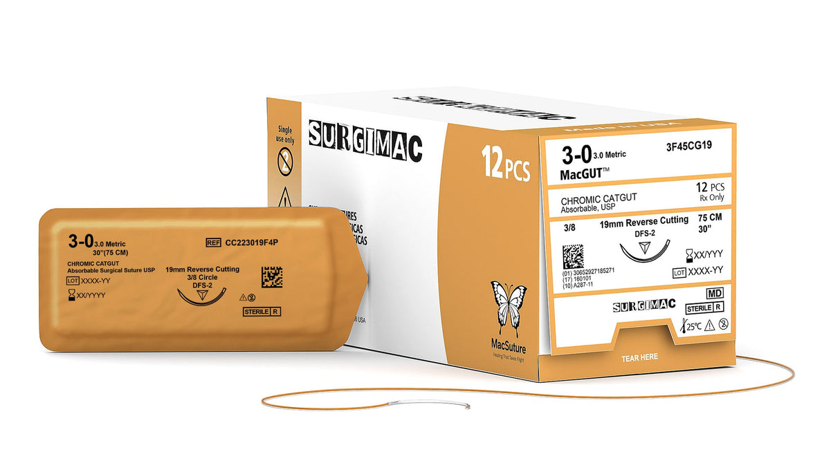 SurgiMac | MacSuture 3-0, 19" Chromic Catgut Absorbable Suture with 19mm C-6 Reverse-Cutting Needle (3-8 Circle), 12-Box | 3F45CG19