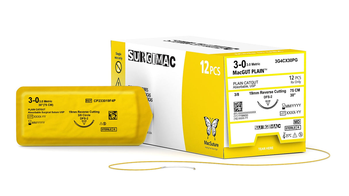 SurgiMac | MacSuture 3-0, 30" Absorbable Plain Catgut Suture with 19mm C-6 Reverse-Cutting Needle (3/8 Circle), 12/Box | 3G4CX30PG