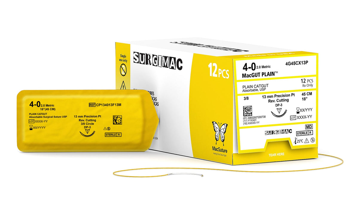 SurgiMac | MacSuture 4-0, 13" Absorbable Plain Catgut Suture with 13mm C-3 Precision Point Reverse-Cutting Needle (3/8 Circle), 12/Box | 4G45CX13P