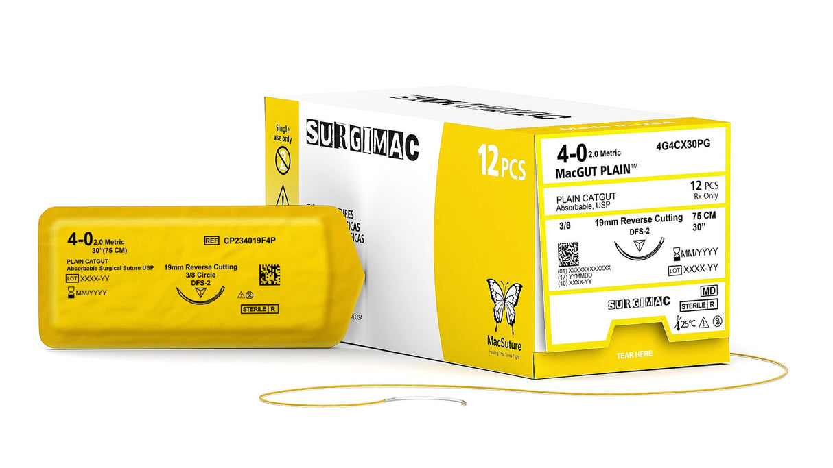 SurgiMac | MacSuture 4-0, 30" Absorbable Plain Catgut Suture with 19mm C-6 Reverse-Cutting Needle (3/8 Circle), 12/Box | 4G4CX30PG