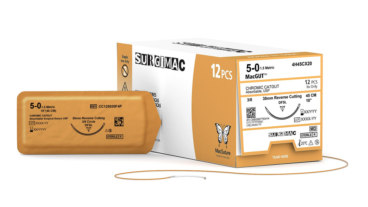 SurgiMac | MacSuture 5-0, 18" Chromic Catgut Absorbable Suture with 30mm C-16 Reverse-Cutting Needle (3-8 Circle), 12-Box | 4H45CX20