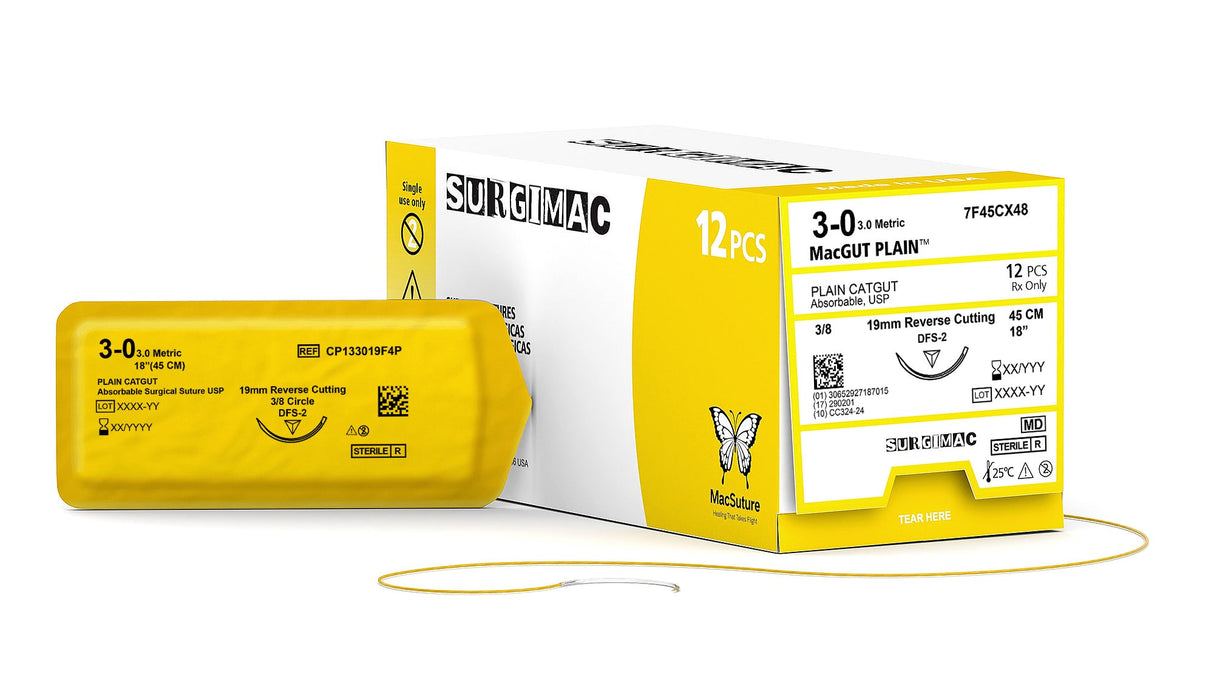 SurgiMac | MacSuture 3-0, 18" Absorbable Plain Catgut Suture with 19mm C-6 Reverse-Cutting Needle (3/8 Circle),12/Box | 7F45CX48
