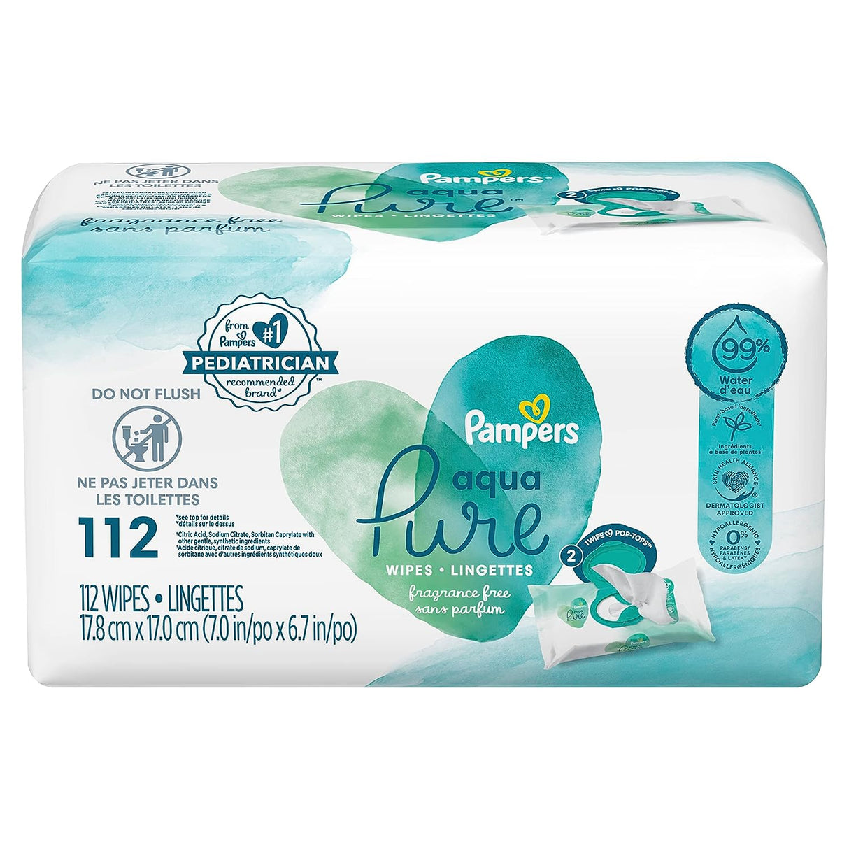 Procter & Gamble | Baby Wipes, Pampers Aqua Pure Sensitive, 2X Pop-Top, 112/pk, 4pk/cs | 3700075415