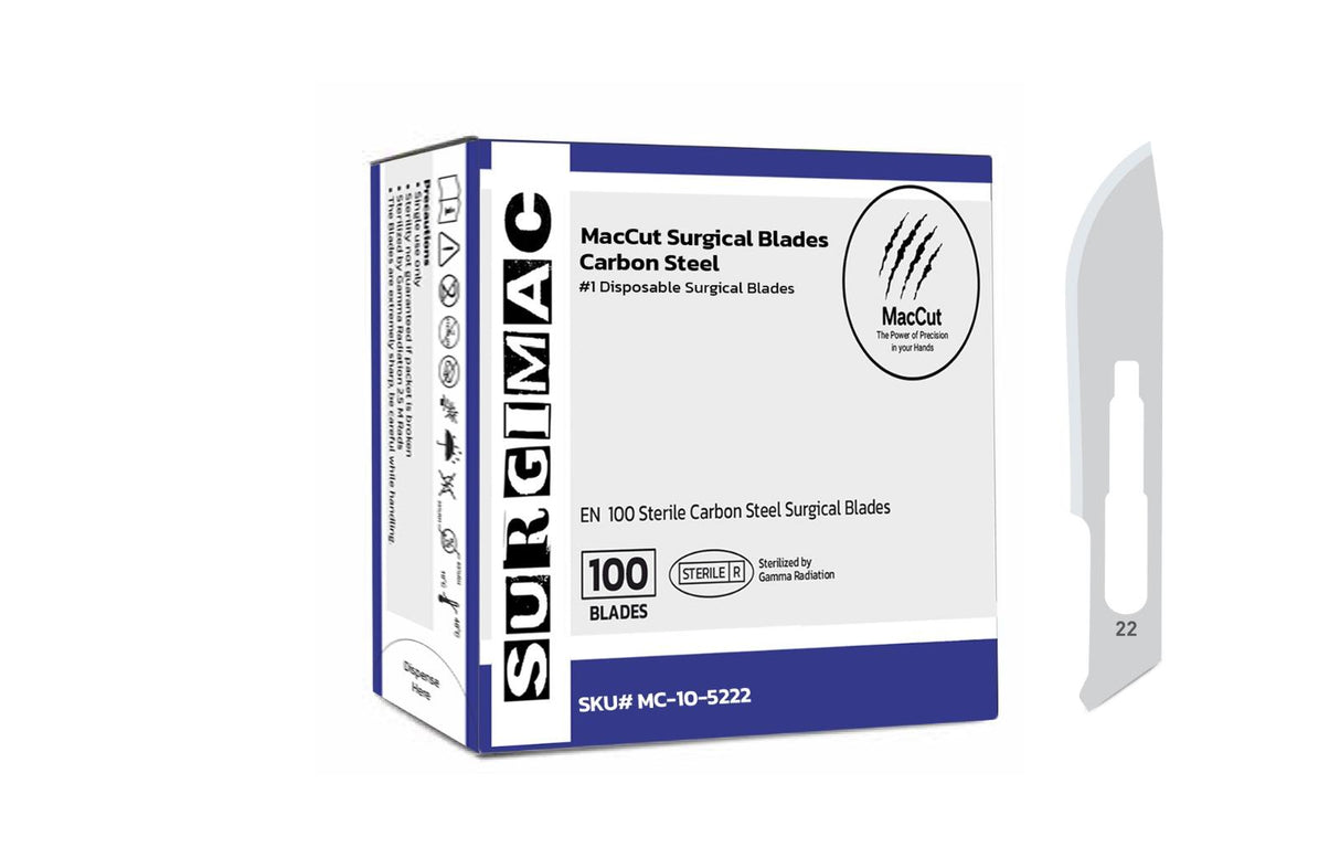 SurgiMac | #22 Sterile Carbon Steel Surgical Scalpel Blade | MacCut by SurgiMac | Box of 100 | MC-10-5222