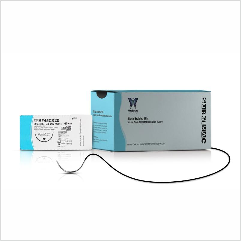 SurgiMac | MacSuture 3-0, 18" Silk Black Braided Suture with C-31 Needle | 5F45CX20