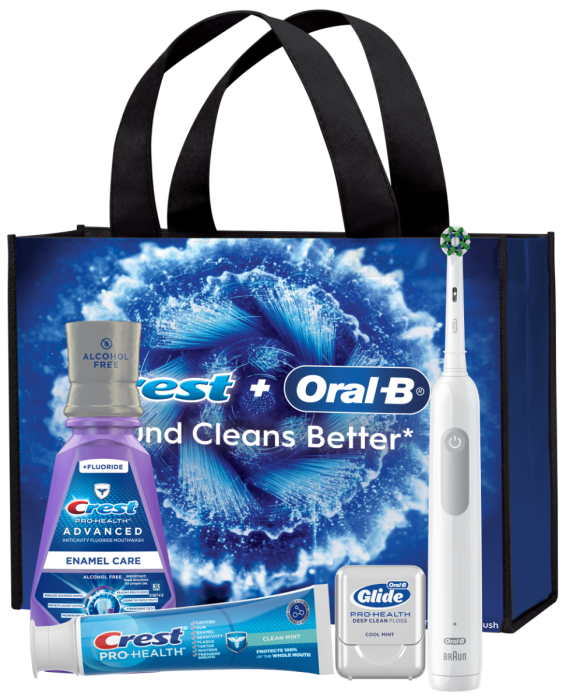 Procter & Gamble | Oral-B Pro 1000 Electric Toothbrush; Crest Pro-Health Clean Mint Toothpaste (4.3 Oz); Crest Pro-Health Advanced Enamel Care Mouthwash (500 Ml), Oral-B Glide Pro-Health Advanced Floss (15m); Crossaction Brush Head; Reusable Tote Bag. 3/c