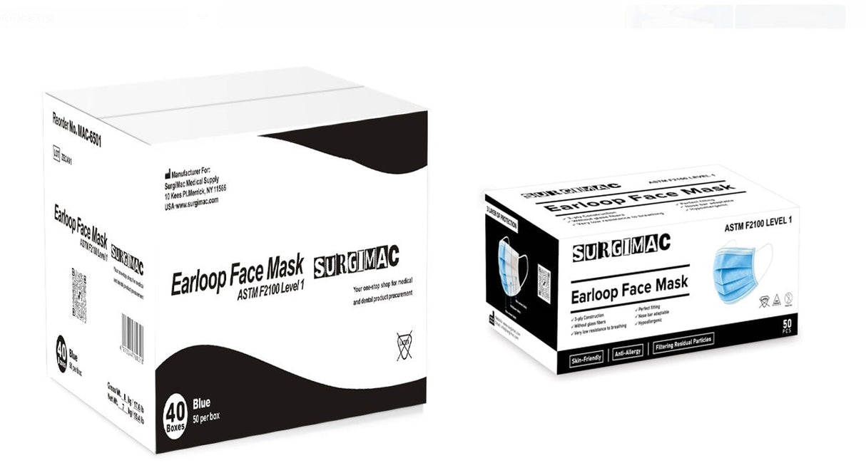SurgiMac | Procedure Face Masks MacSafe by SurgiMac| ASTM Level 1| Blue| 50/Box | 10-1301