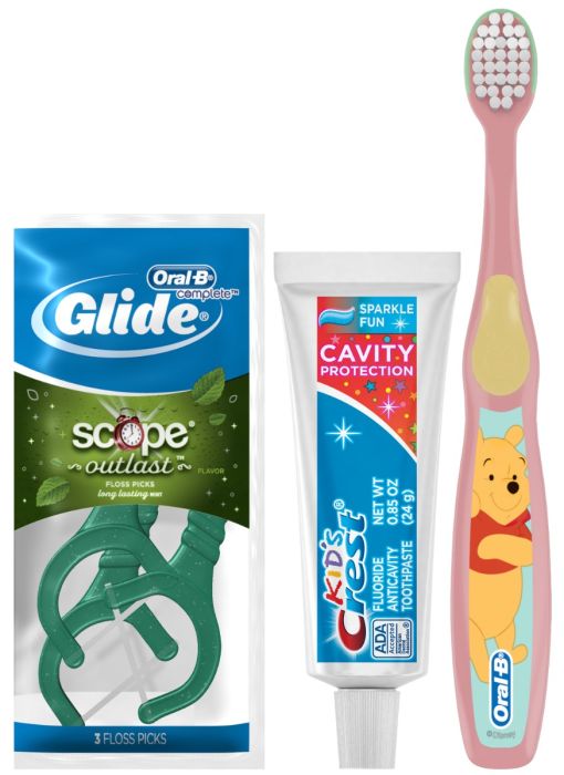 Procter & Gamble | Oral-B Kids Toothbrush in Pooh Character Graphic, Kids Crest Cavity Protection Sparkle Fun Flavor Toothpaste (.85 Oz); Oral-B Glide Plus Scope Outlast Floss Picks, (3-Pack Sachet), Free Patient Sample Bags. 72 Bundles/cs | 80741923-1