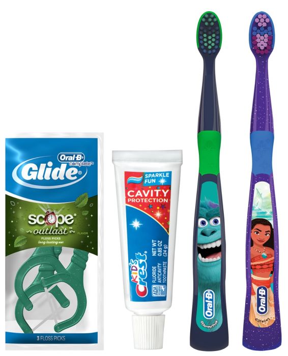 Procter & Gamble | Oral-B Kids 3+ years Toothbrush in mixed cases of Disney Princess & Disney/Pixar character graphics; Kids Crest Cavity Protection Sparkle Fun flavor Toothpaste (.85 oz), Oral-B Glide Plus Scope Outlast Floss Picks, (3-pack Sachet), Bags