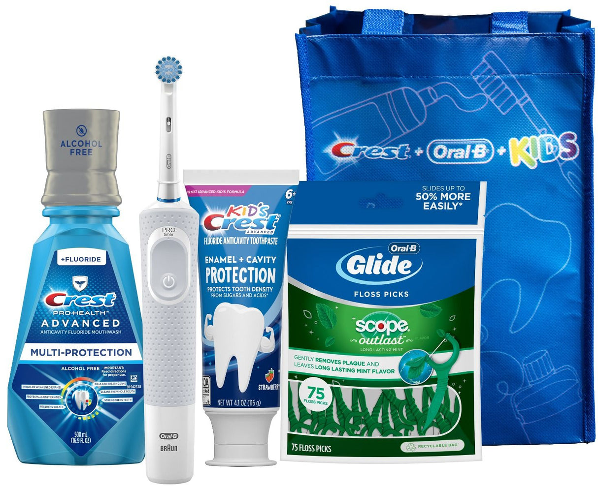 Procter & Gamble | Oral-B Kids 6+ Electric Pro 300 Vitality Sensitive Toothbrush, Crest Kids Advanced Enamel + Cavity Protection Toothpaste (4.1 oz), Crest PRO-HEALTH Advanced Multi-Protection Mouthwash (500 mL), Oral-B Glide Complete Floss Picks (75-ct.)