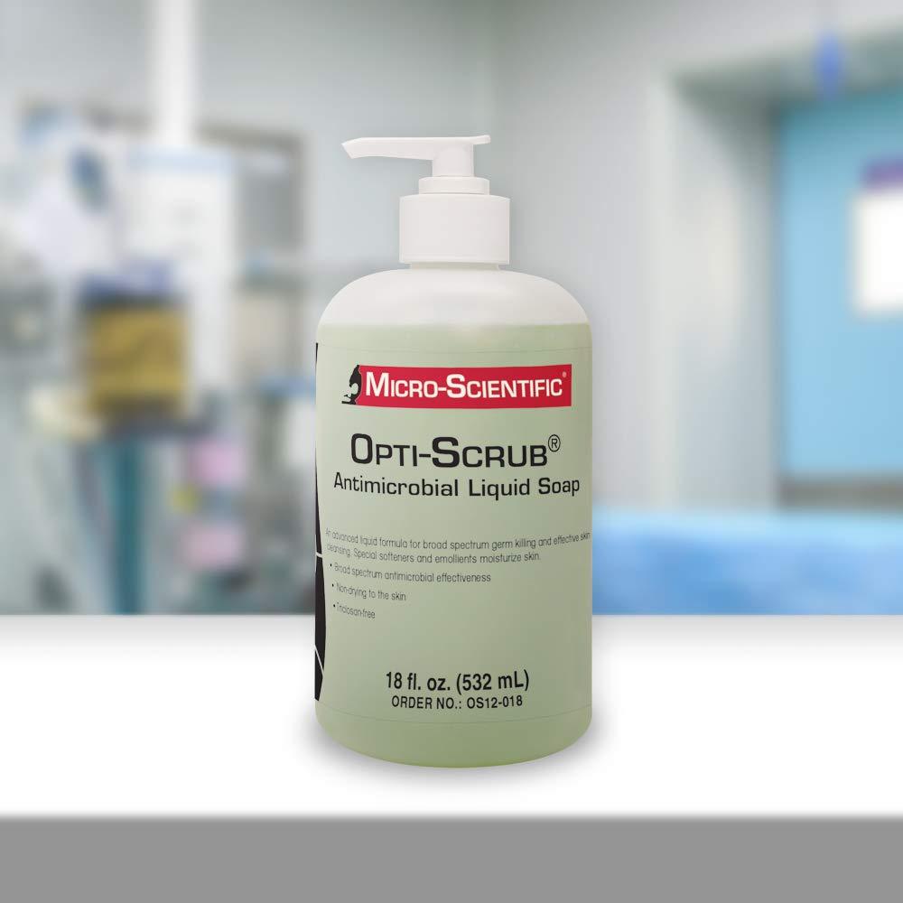 Micro Scientific Industries | Opti-Scrub Antimicrobial Liquid Soap, Broad Spectrum, Non-Drying, 18 Ounce | OS12-018