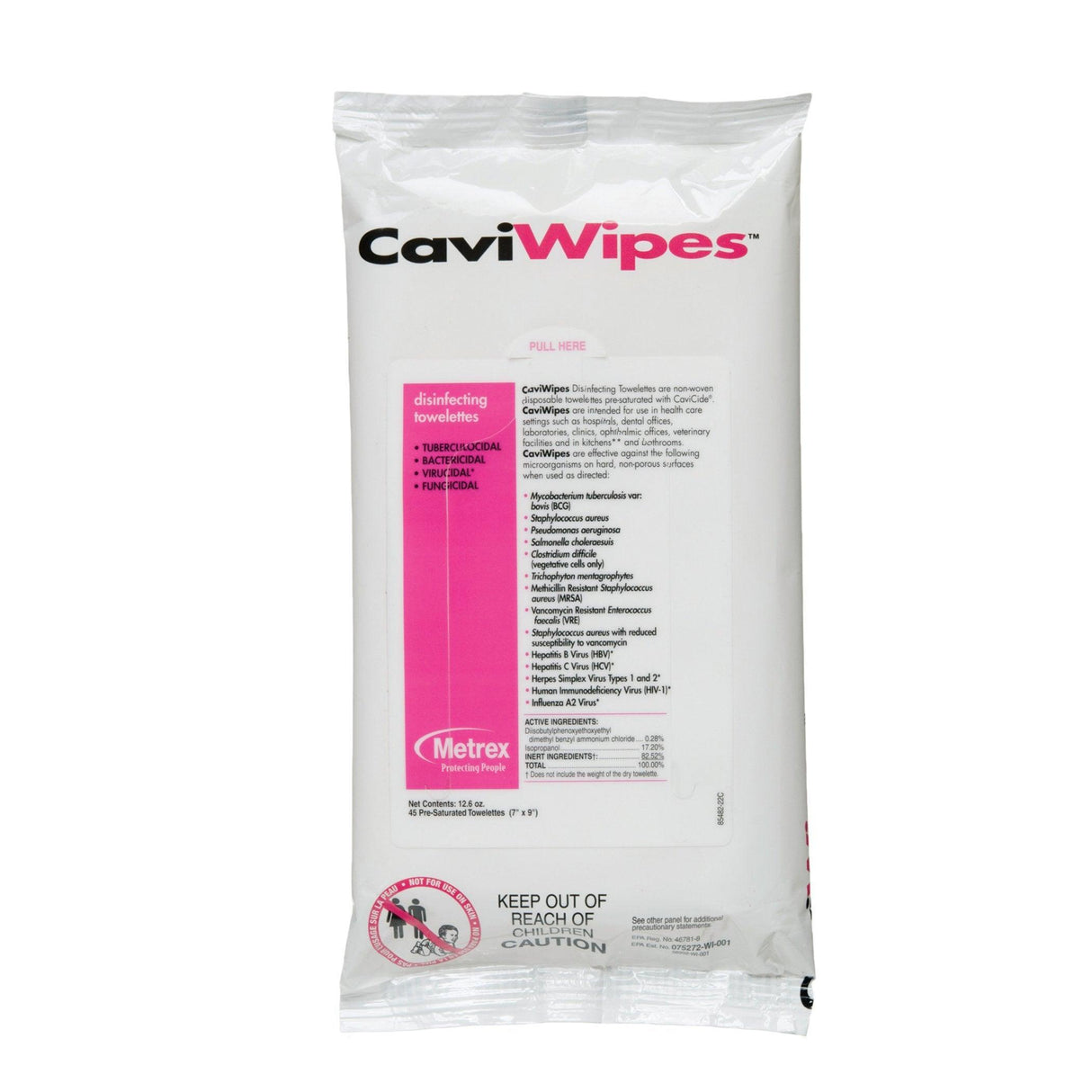 Metrex | Metrex CaviWipe Surface Disinfectant Premoistened Alcohol Based Manual Pull Wipes 45 Count Soft Pack | 13-1224-1