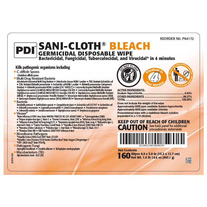 PDI | Sani-Cloth Bleach Surface Disinfectant Cleaner Premoistened Germicidal Wipe | P25784-1