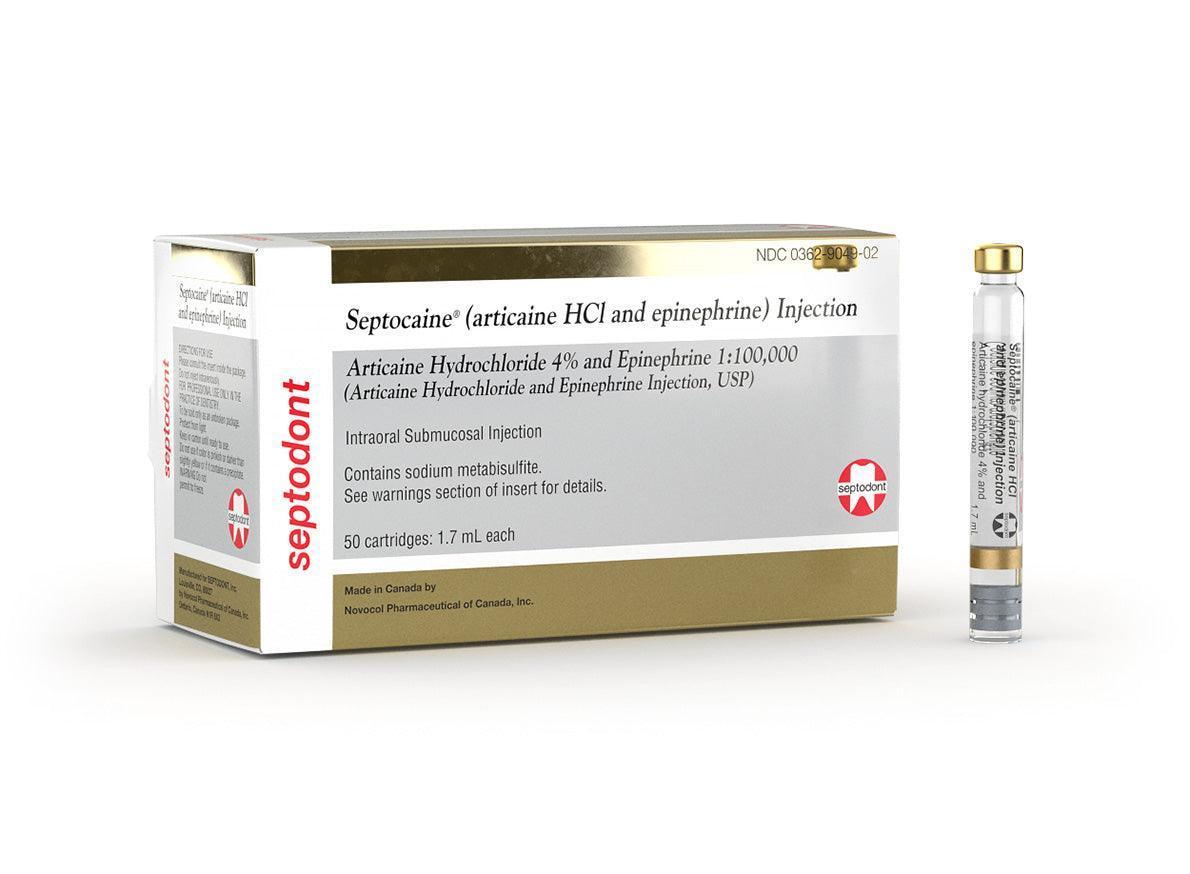 Septodont | Septodont Septocaine Articaine 4% with Epinephrine 1:100,000. Box of 50 - 1.7 mL | 01A1400-1