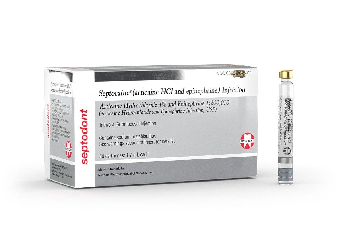 Septodont Septocaine Articaine HCl 4% with Epinephrine 1:200,000 Cartridges - 1.7 mL 01A1200-1