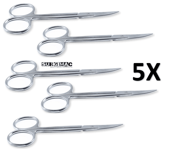 SurgiMac | Iris Micro Dissecting Dental Lab Sharp Scissors, 4.5" (11.43cm) Fine Point Curved, Stainless Steel (Set of 5) by SurgiMac | 16-2609-5