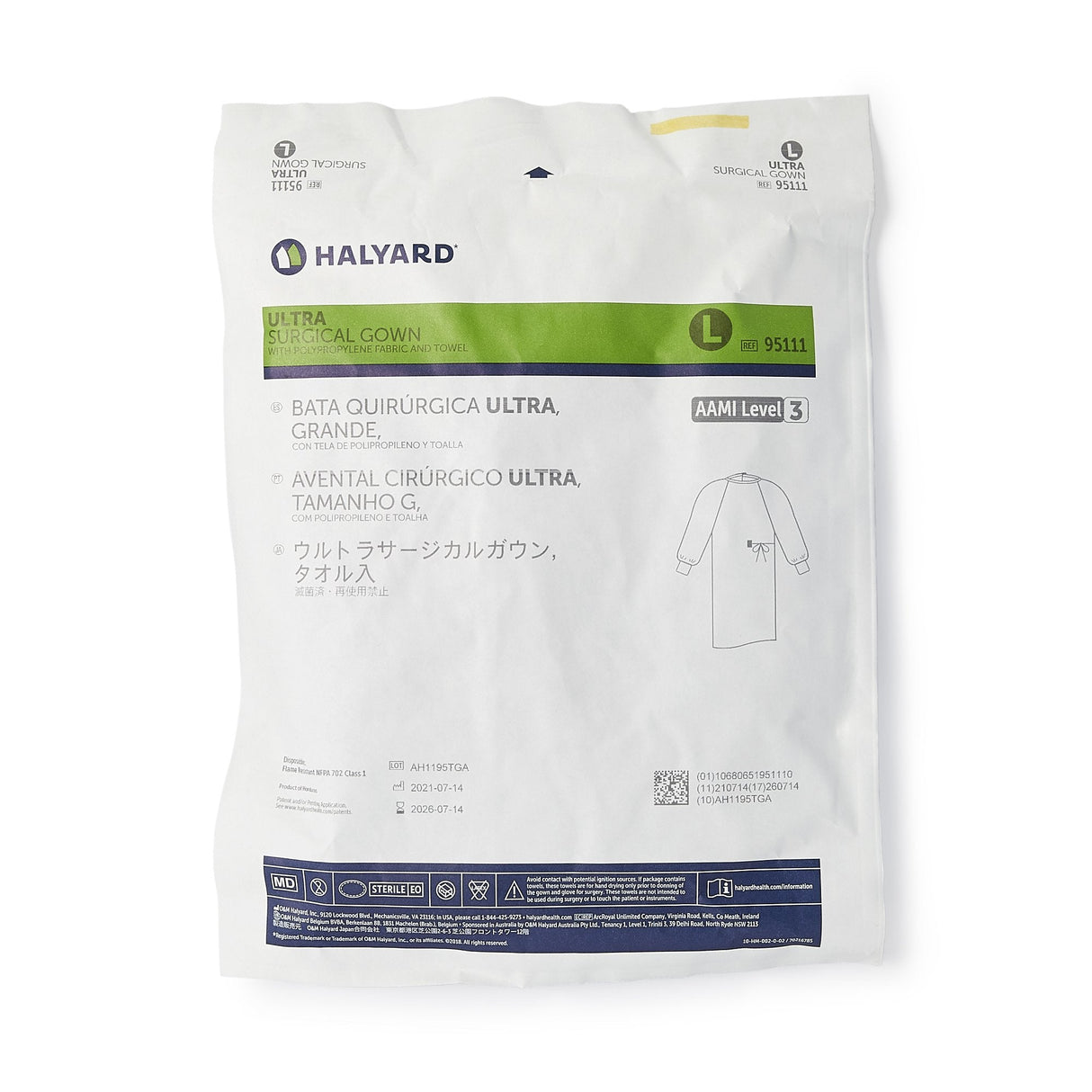 O&M Halyard Inc | Non-Reinforced Surgical Gown with Towel ULTRA Blue Sterile AAMI Level 3 Disposable | 95101