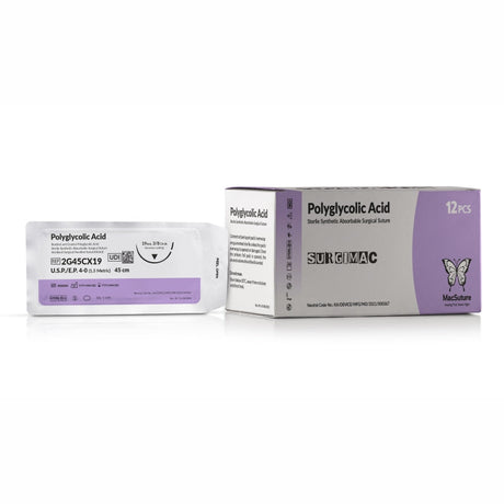 SurgiMac | MacSuture 4-0 18" Violet Absorbable Coated Suture, Braided, with 19mm C-6 3/8 Circle Reverse Cutting Needle, Polyglycolic Acid,12/Box | 2G45CX19
