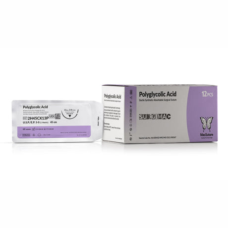 SurgiMac | MacSuture 5-0 18" Violet Absorbable Coated Suture, Braided, with 13mm C-6 3/8 Circle Reverse Cutting Needle, Polyglycolic Acid,12/Box | 2H45CX13P