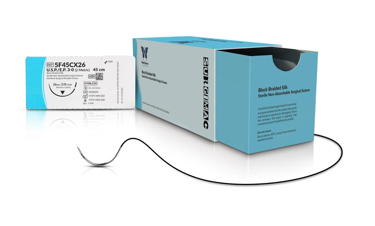 SurgiMac | MacSuture 3-0, 18" Silk Black Braided Suture with C-6 Needle | 5F45CX26