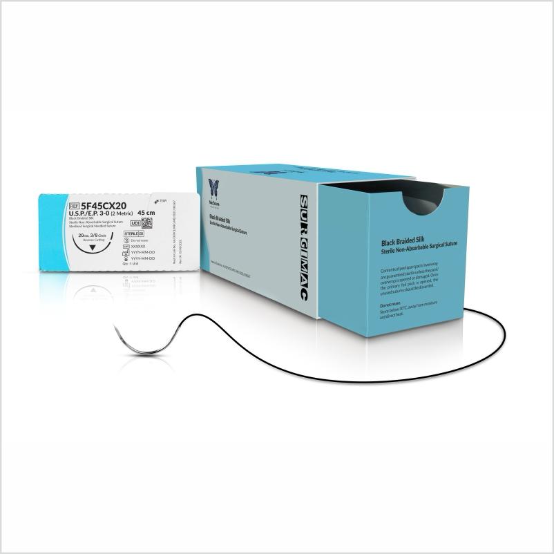 SurgiMac | MacSuture 3-0, 18" Silk Black Braided Suture with C-31 Needle | 5F45CX20