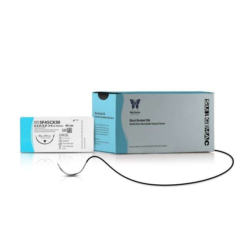 SurgiMac | MacSuture 3-0, 18" Silk Black Braided Suture, 3-8 Circle Rc 30mm | 5F45CX30
