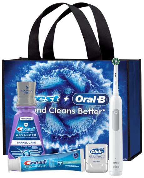 Procter & Gamble | Oral-B Pro 1000 Electric Toothbrush; Crest Pro-Health Clean Mint Toothpaste (4.3 Oz); Crest Pro-Health Advanced Enamel Care Mouthwash (500 Ml), Oral-B Glide Pro-Health Advanced Floss (15m); Crossaction Brush Head; Reusable Tote Bag. 3/c
