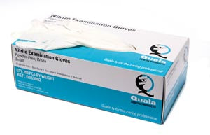 Quala Nitrile Exam Gloves: Small 200/Bx. White. Non-Sterile, Powder-Free Q353001