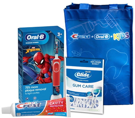 Procter & Gamble | Oral-B Electric Toothbrush & Brush Head (Marvel Spiderman), Crest Cavity Protection Sparkle Fun flavor Toothpaste (4.6 oz), Oral-B Glide Gum Care Floss Picks (30 ct.), FREE Kids Bag, 3/cs | 80347217