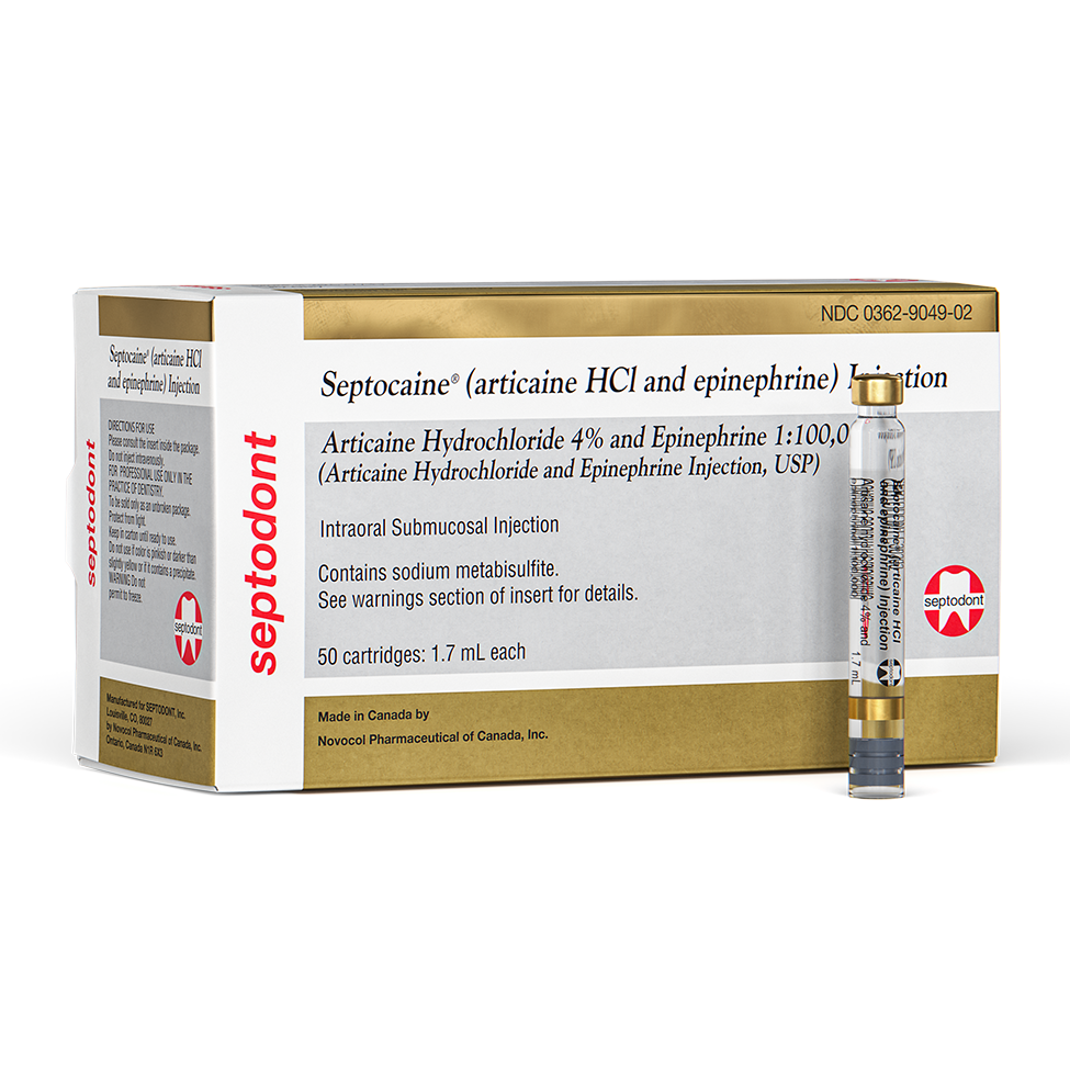 Septodont | Septodont Septocaine Articaine 4% with Epinephrine 1:100,000. Box of 50 - 1.7 mL | 01A1400-1