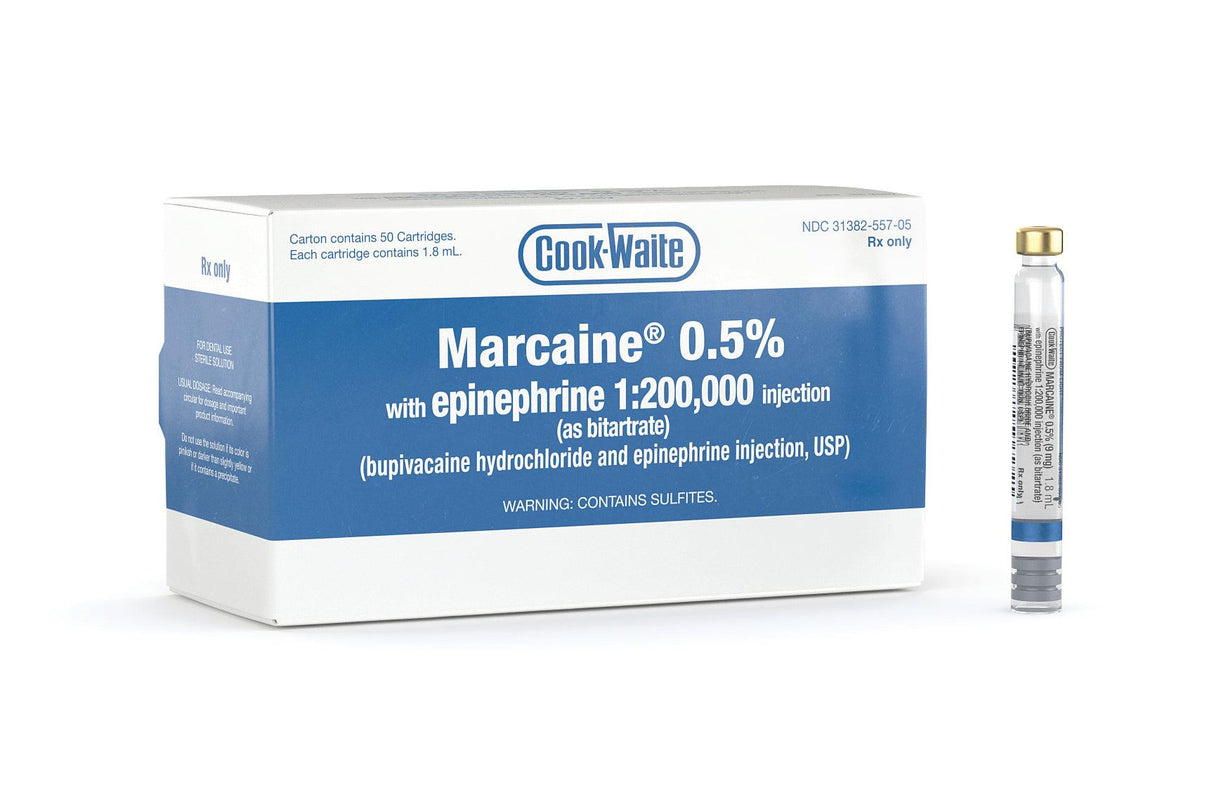 Septodont | Septodont Marcaine with Epinephrine Bupivacaine HCl Preservative Free 0.5% - 1:200,000 Injection Dental Cartridge 1.8 mL | 99184-1